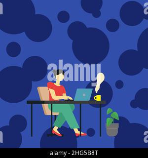 Femme assise avec un ordinateur portable vue arrière accomplissant activement le travail de la maison. Fille occupé à taper à l'intérieur de Clean Wide House finissant ses projets de travail à distance. Illustration de Vecteur