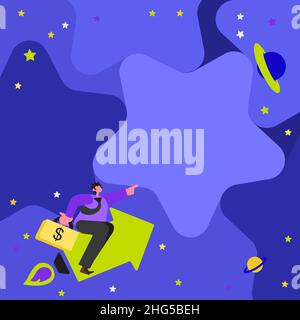 Gentleman assis flèche pointant le doigt étoile représentant la réussite financière.Un homme qui arrive à la main de pointage Starry Sky affiche de nouvelles réalisations en matière de finances Illustration de Vecteur