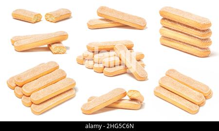 Ensemble de desserts italiens et biscuits éponge, les doigts de dame ou biscuit savoiardi, isolés sur fond blanc Banque D'Images