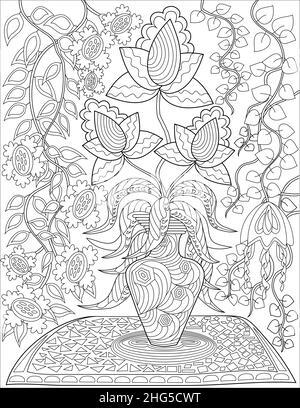 Vase fleuri sur table avec roses et fleurs assorties avec arrière-plan papier mural fleurs ligne dessin coloriage Livre Illustration de Vecteur