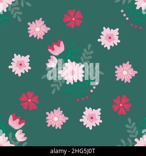 Fleurs roses fleuries motif sans couture sur fond vert foncé.Fleurs et image de plante pour tissu, mode, fonds d'écran.Motif fleuri concept Illustration de Vecteur