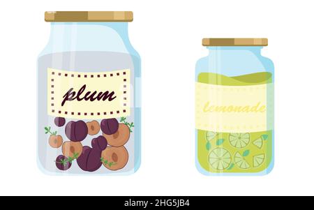 Pot en verre avec prunes et limonade, rempli de baies et de fruits. Illustration de Vecteur