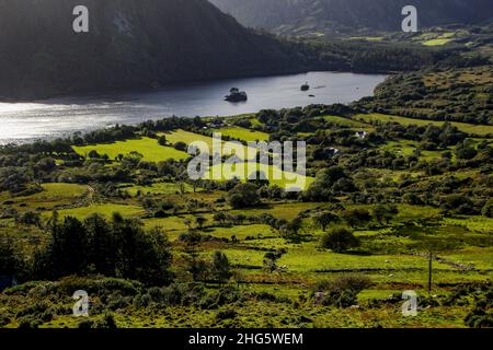 Vue depuis Healy Pass vers Glanmore Lake, comté de Cork, Irlande Banque D'Images