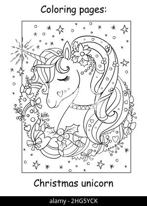 Jolie tête de licorne gaie avec couronne de noël sur fond étoilé.Page de livre de coloriage pour les enfants.Illustration de dessin animé vectoriel.Pour Illustration de Vecteur