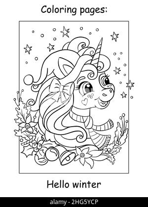 Adorable et drôle, adorable tête de licorne avec couronne de noël sur fond étoilé.Page de livre de coloriage pour les enfants.Illustration de dessin animé vectoriel.Pour CO Illustration de Vecteur