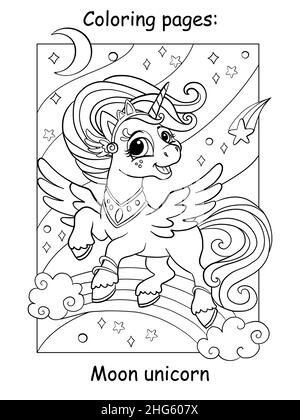 Jolie princesse Unicorn volant dans le ciel avec un arc-en-ciel, des étoiles et une lune.Page de livre de coloriage pour les enfants.Illustration de dessin animé vectoriel.Pour colorier Illustration de Vecteur