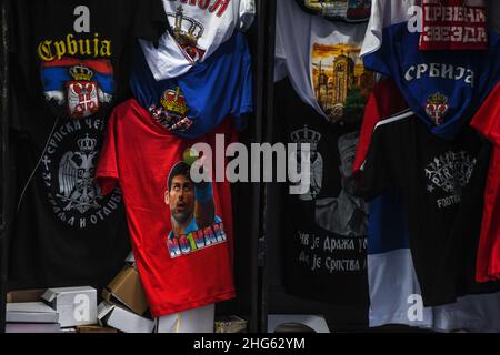 T-shirt Novak Djokovic dans une boutique de souvenirs.Belgrade, Serbie Banque D'Images
