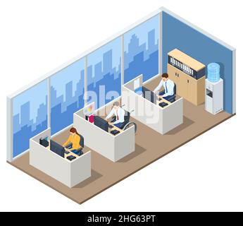 Homme isométrique en fauteuil roulant travaillant sur un ordinateur portable au bureau.Un homme d'affaires handicapé sur le lieu de travail.Communication sur le réseau Illustration de Vecteur