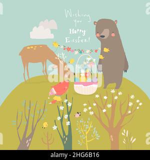 Jolis dessins animés célébrant Pâques dans la forêt printanière Illustration de Vecteur