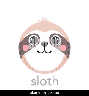 Sloth mignon portrait avec le nom texte smiley tête dessin animé forme ronde visage animal, isolé vecteur icônes illustrations sur fond blanc.Plat simple dessiné à la main pour enfants affiche, t-shirts, vêtements de bébé Illustration de Vecteur