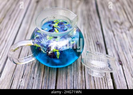 Papillon pois bleu fleur Clitoria ternatea couleur colorée thé dans verre théière sur fond de table en bois avec couleur vive et vive de colorant profond pigment Banque D'Images