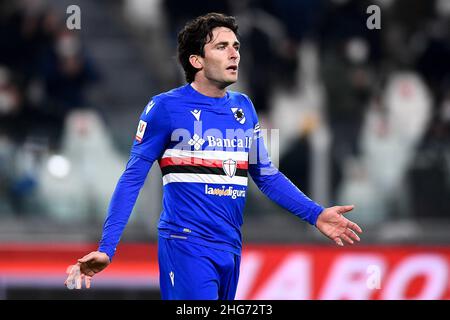 Turin, Italie.18 janvier 2022.Tommaso Augello de l'UC Sampdoria réagit lors du match de football de Coppa Italia entre Juventus FC et UC Sampdoria.Credit: Nicolò Campo/Alay Live News Banque D'Images