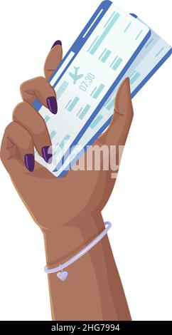 Main de femme noire tenant deux billets d'avion.Concept vacances, voyage en avion, voyage dans le monde.Illustration dans un style de dessin animé réaliste Illustration de Vecteur