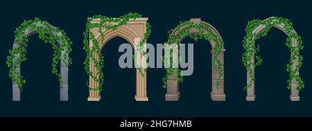 Arches grecques ou romaines anciennes avec colonnes en pierre et vignes ivy avec feuilles vertes.Ensemble de dessins animés vectoriels de 3D éléments d'architecture ancienne, portails avec plantes grimpantes isolées sur fond noir Illustration de Vecteur