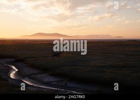 Voie navigable dans les zones humides avec chaîne de montagnes à Sunset, CA Banque D'Images