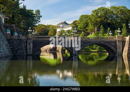 Le pont Seimon Ishibashi mène à la porte principale du Palais impérial.Il est connu sous le nom de pont de lunettes (Meganebashi) en raison de son arc de pierre de reflecec Banque D'Images