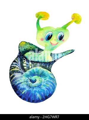 Escargot mignon dans une aquarelle de coquillages isolée sur fond blanc Banque D'Images