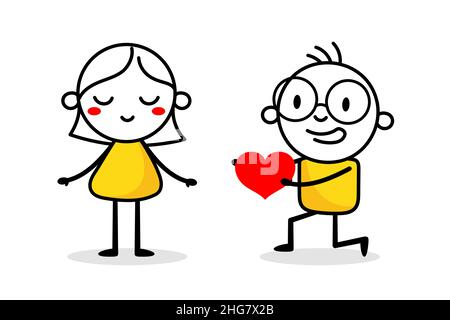 Amour, romance et concept de datation.Figurine en forme de doodle dessinée à la main.Valentine concept avec stickman drôle.Illustration du stock vectoriel. Illustration de Vecteur