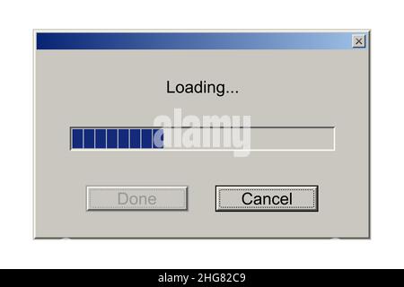 Barre de téléchargement rétro, fenêtre d'alerte sur le moniteur de l'ordinateur avec illustration du vecteur de message de chargement.Style classique de progression du téléchargement dans l'ancien système utilisateur int Illustration de Vecteur