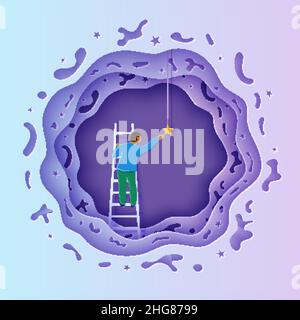Homme sur une échelle pour choisir l'étoile au-dessus du nuage et de la lune dans le style de coupe de papier.PaperCut homme d'affaires escalade sur l'échelle et essayant d'attraper la star de rêve Illustration de Vecteur