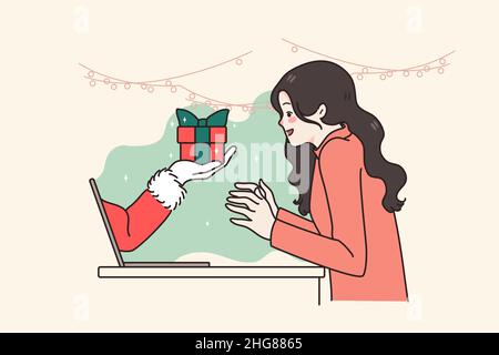 Excitée jeune femme triomphe obtenir un cadeau sur la loterie de Noël en ligne sur ordinateur.Une fille surjoyée se sent euphorique avec le présent ou la victoire sur la vente de nouvel an ou la promotion sur le Web.Illustration vectorielle. Illustration de Vecteur