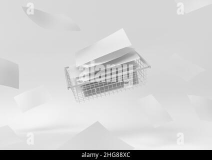 Idée de papier minimum créative.Concept de panier de documents blanc avec fond blanc.rendu 3d, illustration 3d. Banque D'Images