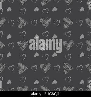 Joli motif sans couture avec coeurs gris dessinés à la main et sur fond sombre.Décoration festive pour la Saint-Valentin, imprimé avec des lignes de craie sur un tableau en ardoise.Illustration vectorielle plate Illustration de Vecteur