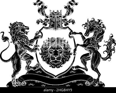 Manteau d'armoiries cheval Lions Crest Shield Family Seal Illustration de Vecteur