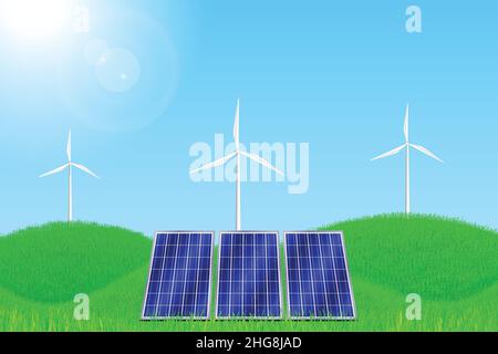Concept d'énergie renouvelable avec moulins à vent et panneaux solaires. Illustration de Vecteur