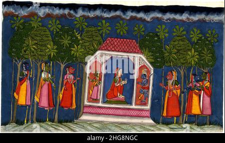 SITA acceptant un bijou de Hanumana envoyé par Rama, 1800s. Banque D'Images