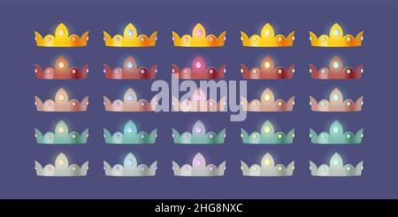 Icônes de jeu de couronnes royales avec des pierres de couleur différente.Ensemble de dessins animés vectoriels de tiaras de roi, reine, princesse ou prince, or, argent et bronze avec pierres gemmes et diamants Illustration de Vecteur