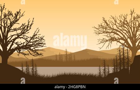 Belle montagne avec arbres et lac pendant la journée à l'extérieur de la ville et ses environs Illustration de Vecteur