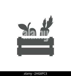 Icône de vecteur de caisse d'aliments agricoles.Produits d'épicerie aux carottes et aux pommes dans un panier, symbole de nourriture végétalienne saine. Illustration de Vecteur