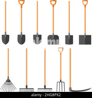 Jeu d'outils de jardin (pelle, râteau, fourche, scythe), illustration vectorielle Illustration de Vecteur