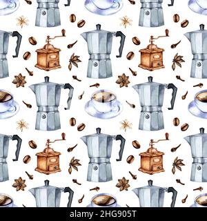 Motif aquarelle représentant une cafetière métallique, un moulin à café et une tasse.Impression répétée sans couture pour préparer des boissons chaudes.Cafetière geyser.Mor Banque D'Images