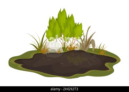 Boue sale, marais avec pierre, herbe de style dessin animé isolée sur fond blanc.Sol humide naturel, étang de la forêt, lac clip art. .Illustration vectorielle Illustration de Vecteur