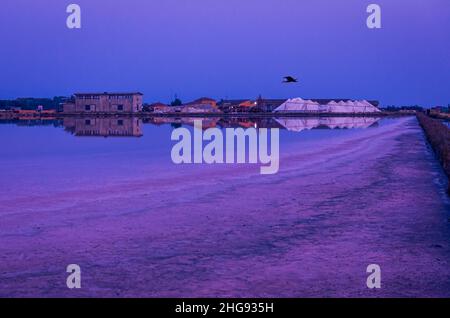 Cervia sel plat au crépuscule avec dépôts de sel sur le sol et usine en arrière-plan Banque D'Images