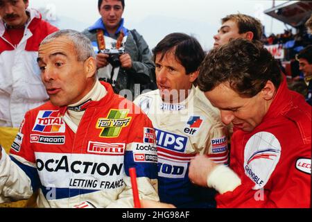 Archives 80ies : Jean-Claude Anduet (L) et Alain Carignon (Maire de Grenoble, Isère) course de voitures de piste, France, 1986 Banque D'Images