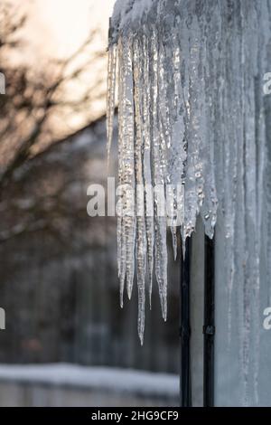 Glaces suspendues au toit à cause d'une mauvaise isolation thermique ou d'un dégel printanier, fonte de la neige à l'extérieur du bâtiment Banque D'Images