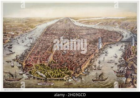 Vue aérienne de New York du 19th siècle avec Battery Park au premier plan et le pont de Brooklyn à droite, imprimé lithographique de George Schlegel, 1873-1874 Banque D'Images