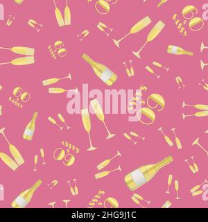 60 et motif vectoriel d'anniversaire sans coutures avec bouteilles et verres de champagne dessinés à la main.Fond doré et rose.Boissons gazeuses et 1920s polices Illustration de Vecteur