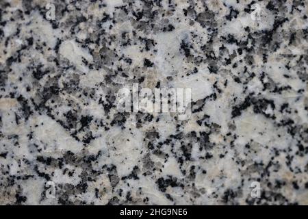 Image en gros plan d'un carreau de granit gris montrant des composants de roche ignée tels que le quartz (transparent), le feldspath (blanc) et le mica (noir) Banque D'Images