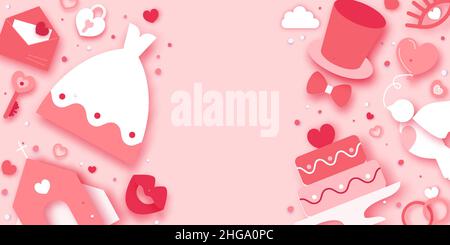 Jour de mariage. Calendrier du mariage. Église, je le fais, toast. Danse. Bonne Saint Valentin. Joyeuses fêtes et lune de miel en papier coupé. Espace pour le texte Illustration de Vecteur