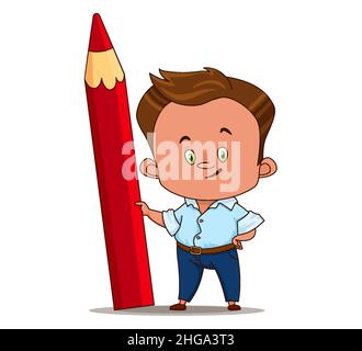 Homme, artiste, designer avec un gros crayon rouge dans ses mains. Caractère, profession.Illustration vectorielle de style dessin animé isolée sur fond blanc Illustration de Vecteur