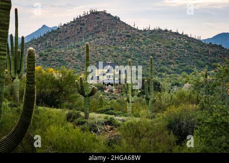 Maison verte de style victorien au bord de la montagne et de grands cactus saguaro près de Spur Cross Ranch conservation Area à Cave Creek, Arizona, États-Unis. Banque D'Images