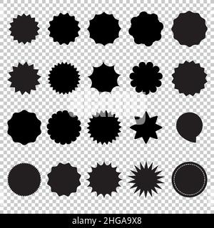 Étoiles noires, écussons de soleil pour les étiquettes de prix ou marque de qualité à la vente maquettes d'éléments de conception. Différents styles. Des étiquettes d'offre spéciale sont apposées sur le transp Illustration de Vecteur