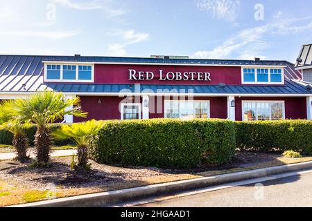 Myrtle Beach, États-Unis - 8 février 2021 : façade extérieure de l'architecture de bâtiment de signe pour Red Lobster chaîne restaurant en Caroline du Sud pour seaf décontracté Banque D'Images