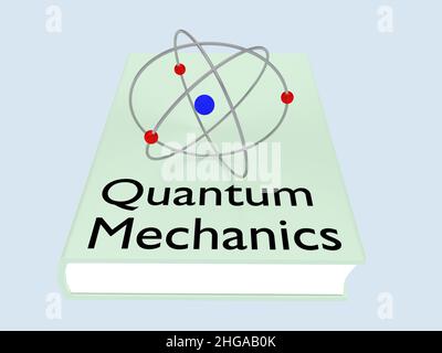 3D illustration d'un atome sur un livre avec titre de mécanique quantique, isolé sur fond bleu pâle. Banque D'Images