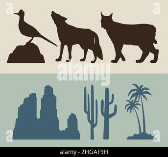 six animaux et silhouettes de paysage Illustration de Vecteur