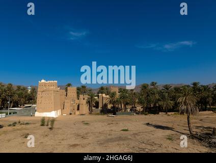 Vieilles maisons de boue traditionnelles dans l'oasis, province de Najran, Najran, Arabie Saoudite Banque D'Images